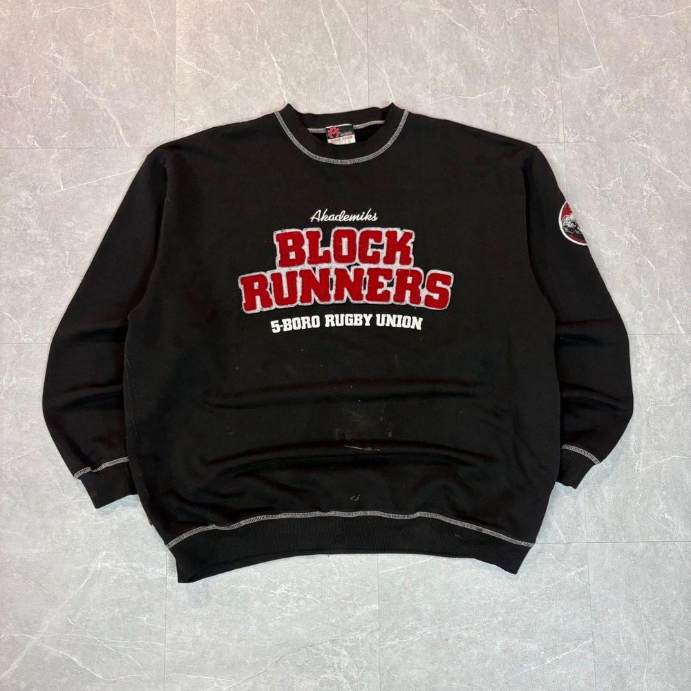 Akademiks Block Runners Sweatshirt‎ Mens XL Black 5-Boro Rugby Union Vintage Y2K